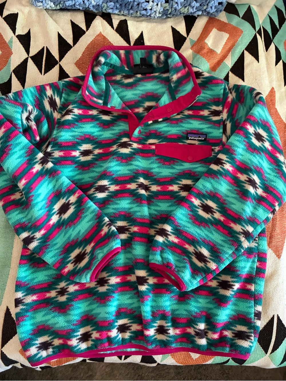 Patagonia Synchilla Fleece pullover vintage snap T, teal Aztec, large, good